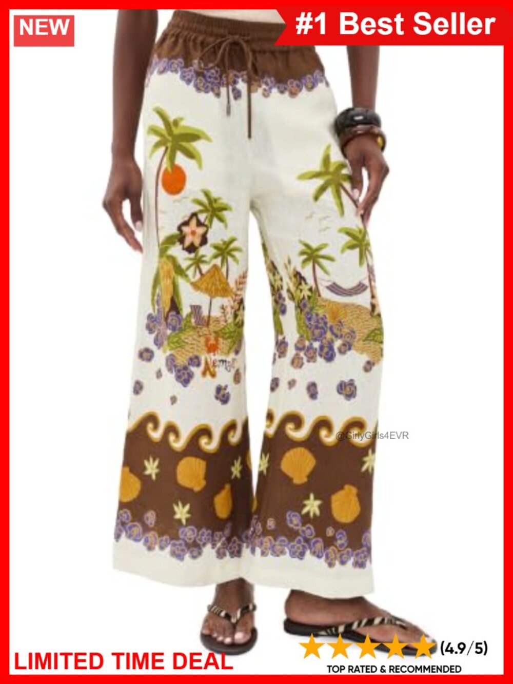 Linen Pants Ankle Length High Rise Loose Fit Tropical Print